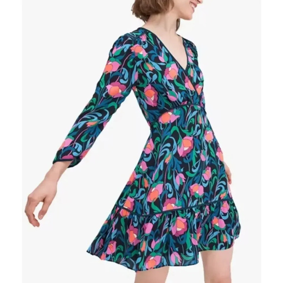 Kate Spade Floral Swirl Surplice Dress Size 6 Bright Wrap Ruffle Hem - Picture 1 of 8